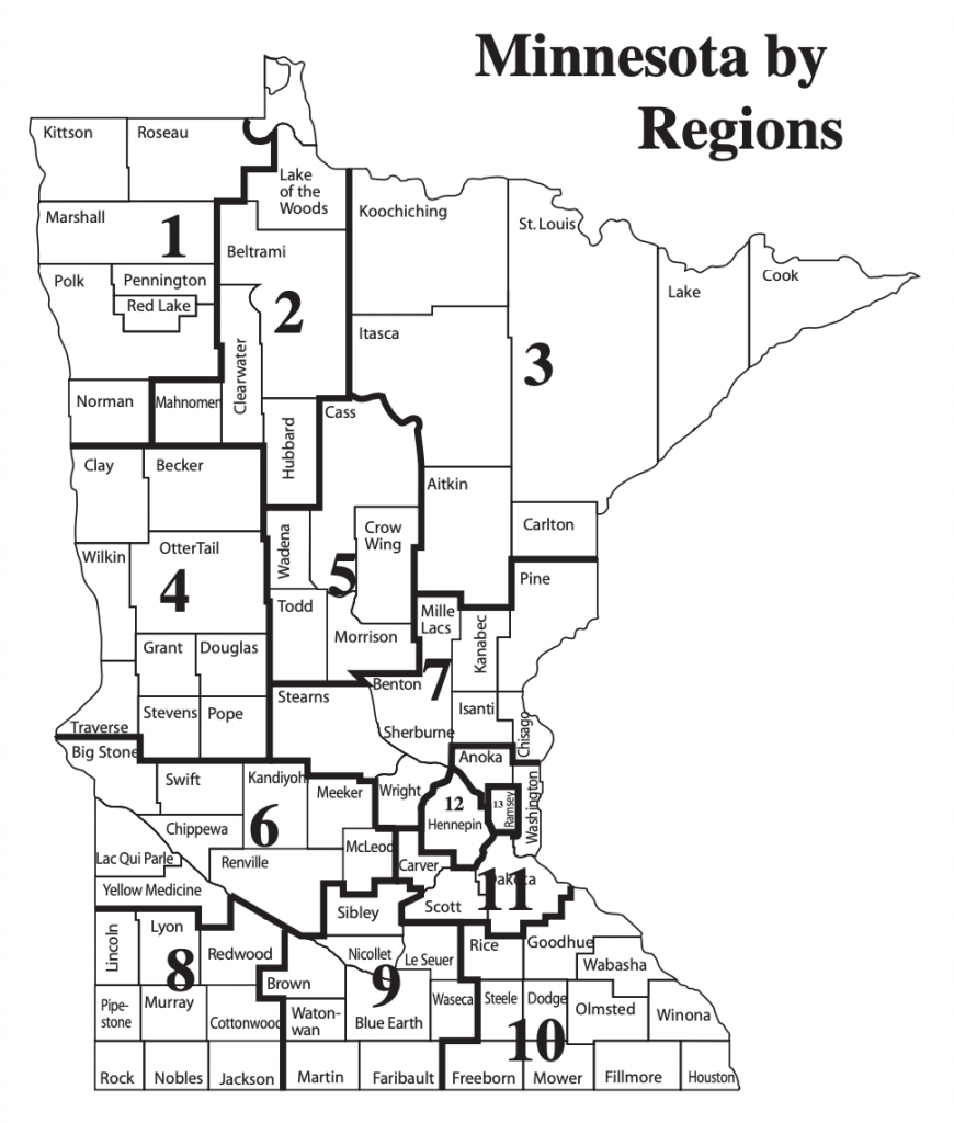 A lit of regions of Minnesota, with counties overlaid. Image courtesy of the Minnesota Department of Human Services.